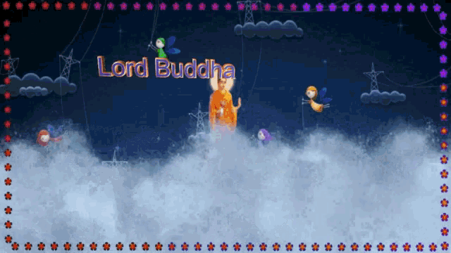 a picture of lord buddha with birds and clouds