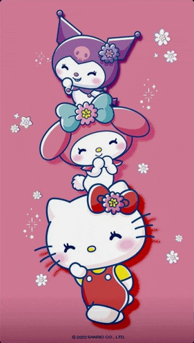 hello kitty kuromi and melody are stacked on top of each other on a pink background