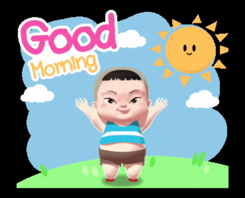 a cartoon of a baby saying good morning with a sun in the background