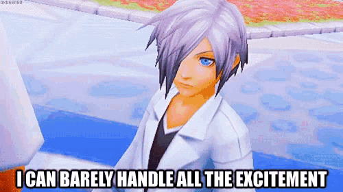 a cartoon character with a white coat and blue eyes says i can barely handle all the excitement