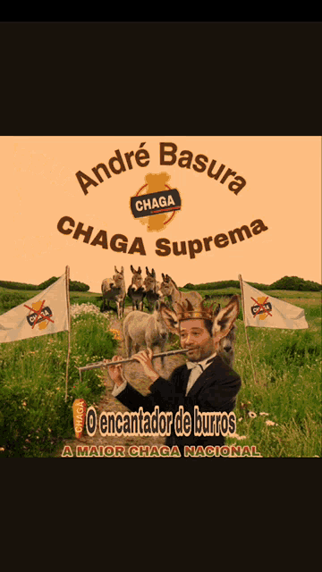 a poster for andre basura chaga suprema shows a man playing a flute in a field