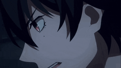 two anime characters are looking at each other and one has a very angry look on his face