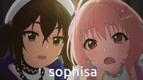 two anime girls are standing next to each other and the word sophisa is on the bottom right