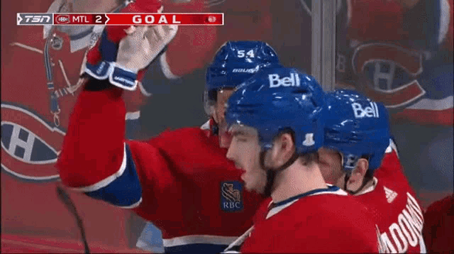 a group of hockey players are celebrating a goal in a game