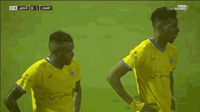 two soccer players are standing next to each other on the field .