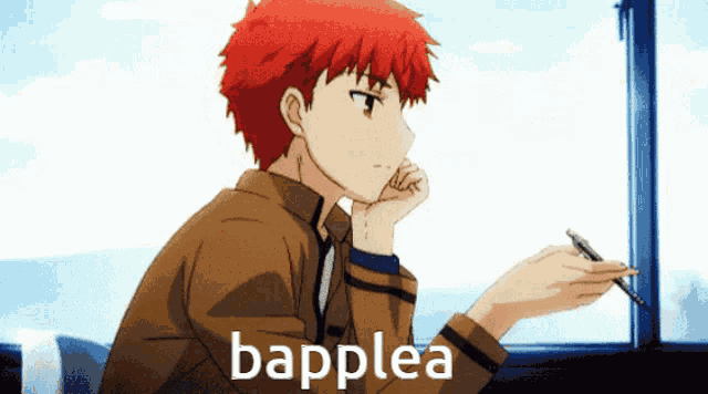 a boy with red hair is holding a pen and the word bapplea is on the bottom of the image