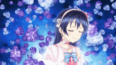 a girl with blue hair and a blue bow on her neck is surrounded by purple flowers