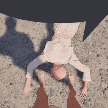a person laying upside down with a speech bubble behind them
