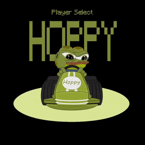 a cartoon of a frog driving a car with the word hoppy on the screen