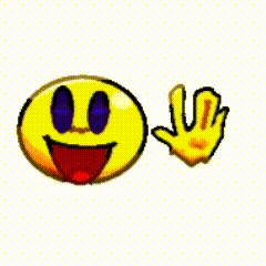 a yellow smiley face with blue eyes and a hand waving