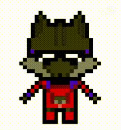 a pixel art drawing of a wolf wearing a red and black outfit