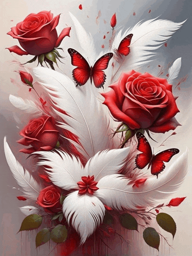 a painting of red roses with white feathers and butterflies
