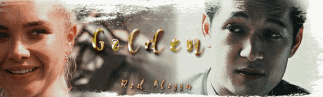 a picture of a woman and a man with the words golden red alessia written on the bottom