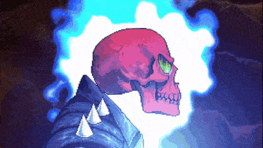 a pixel art image of a skull with green eyes