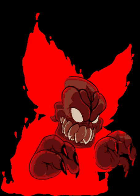 a cartoon drawing of a red monster with sharp teeth on a black background