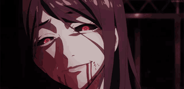a close up of a woman 's face with a bloody mouth