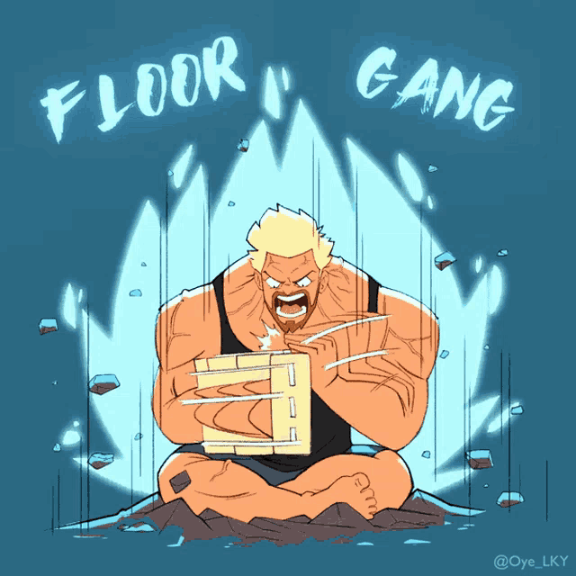 a cartoon drawing of a man sitting on the ground with the words floor gang behind him