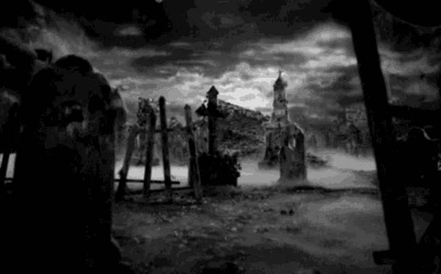 a black and white photo of a cemetery at night