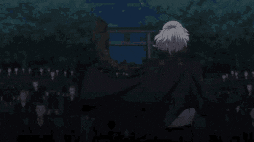 a man with white hair is standing in a dark forest .