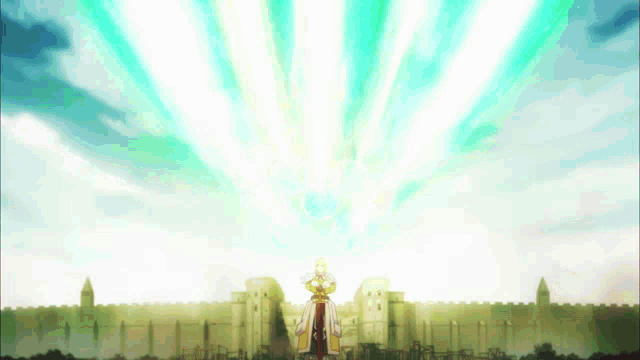 a man stands in front of a castle with a beam of light coming out of his chest