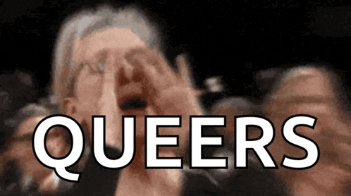 a woman covering her face with her hands and the word queers is visible in the foreground
