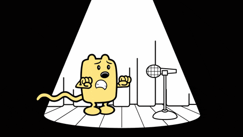a cartoon character is standing in front of a microphone with a spotlight on him