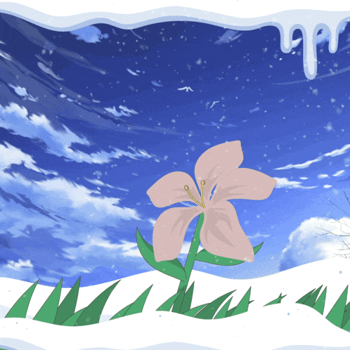 a cartoon drawing of a flower in the snow with a blue sky in the background