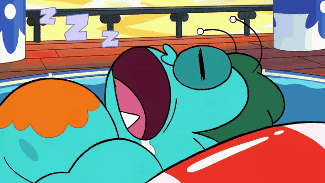 a cartoon character is laying in a pool with the letters zz in the background