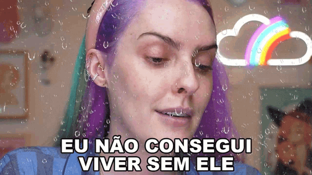 a woman with purple hair has the words eu nao consegui viver sem ele on her face