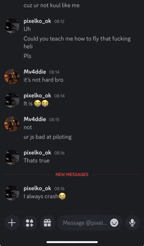 a screenshot of a conversation between pixelko ok and mv4ddie