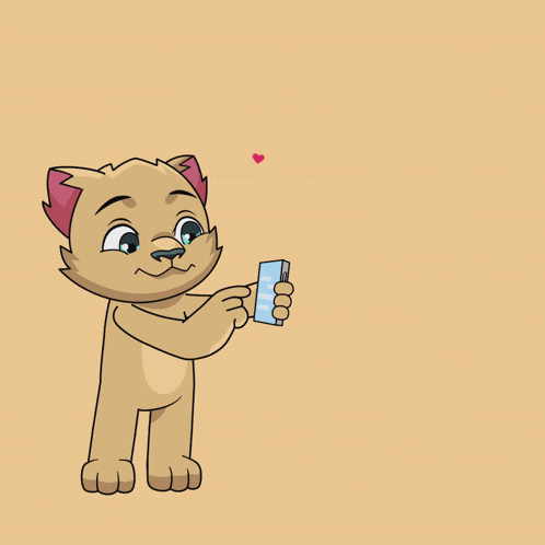 a cartoon cat is holding a cell phone and hearts are flying around him