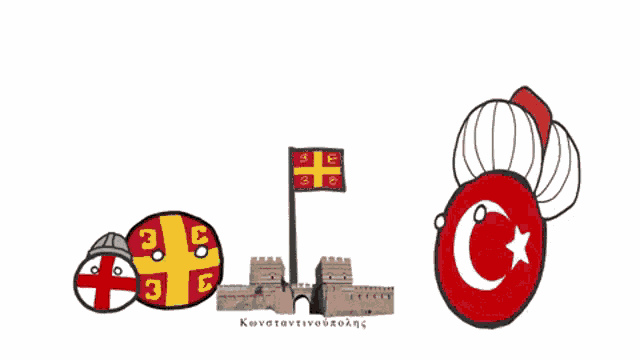 a cartoon drawing of a castle and two balls with a cross and the number 3 on them