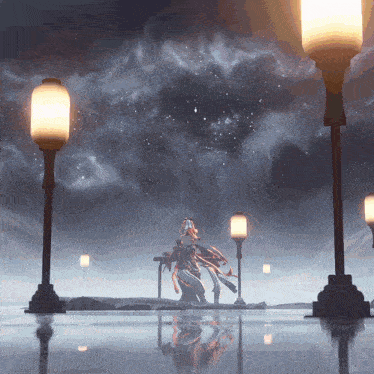 a painting of a person standing in the middle of a street at night