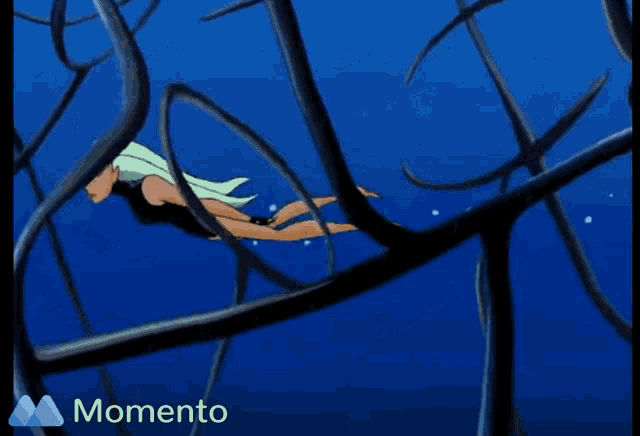 a cartoon of a woman swimming in the ocean with the word momento on the bottom right