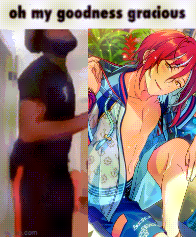 a man in a black shirt is standing next to a picture of a shirtless anime character .