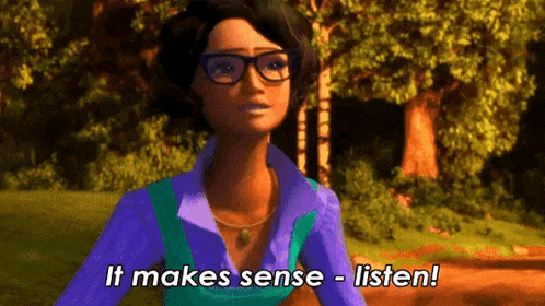 a cartoon woman wearing glasses and a purple shirt is saying `` it makes sense listen ! ''