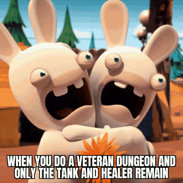 two cartoon rabbits are hugging each other with a caption that says when you do a veteran dungeon