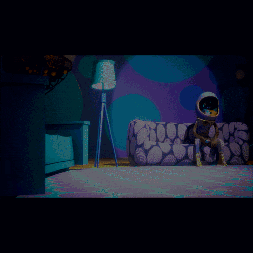 a cartoon character in a space suit sits on a purple couch