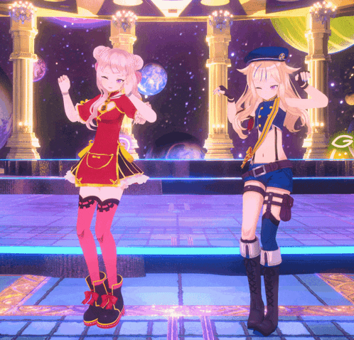 a girl in a red dress and a girl in a blue hat are dancing together