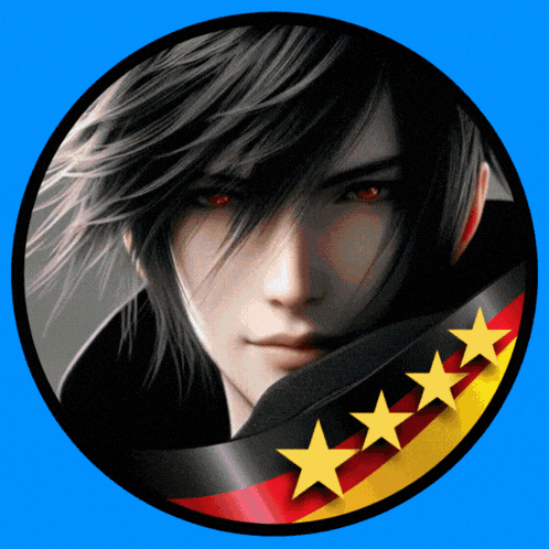 a circle with a picture of a man with red eyes and stars on it
