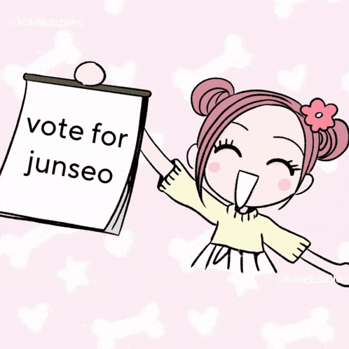 a girl with a pink flower in her hair is holding chopsticks and says vote for ijunseo