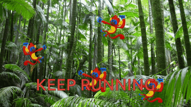 a jungle with monkeys and the words keep running in red