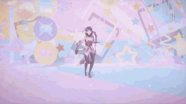 a girl with purple hair is dancing in front of a pink background