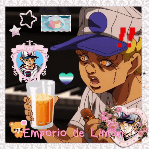 a picture of a boy holding a glass of orange juice with emporio de limon written on the bottom