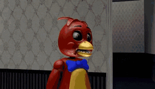 a bunch of cartoon characters are standing in a room .