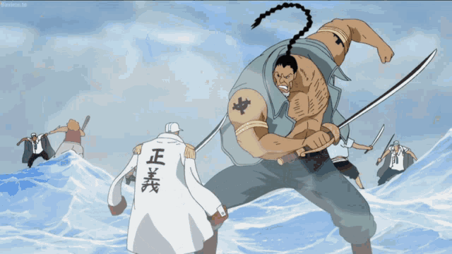 a cartoon of a man holding a sword with chinese characters on his chest