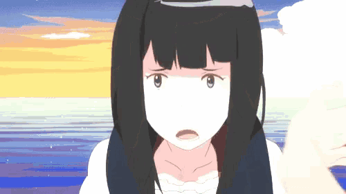 a girl with long black hair is looking at the camera with a sunset in the background