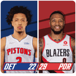 a pistons player and a blazers player are shown