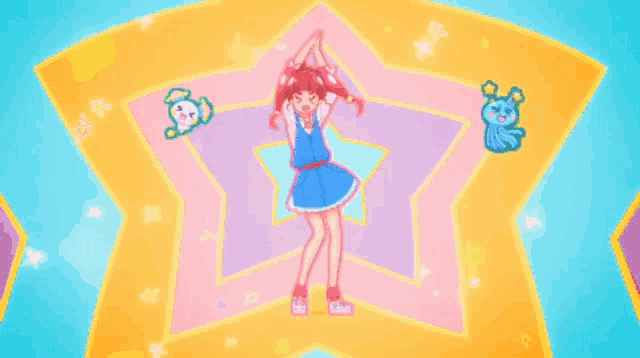 a pixel art of a girl in a blue dress standing in front of a star
