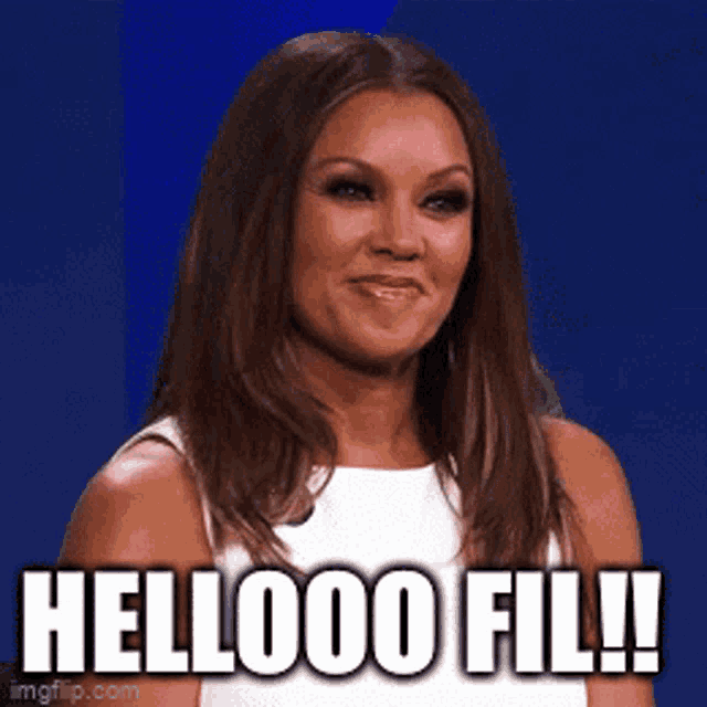 a woman in a white dress is saying hellooo fil